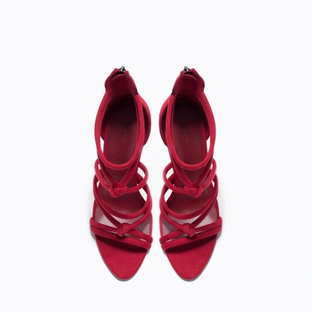 NWT Zara Red Knotted Faux Suede High Heel Sandals - Picture 2 of 6
